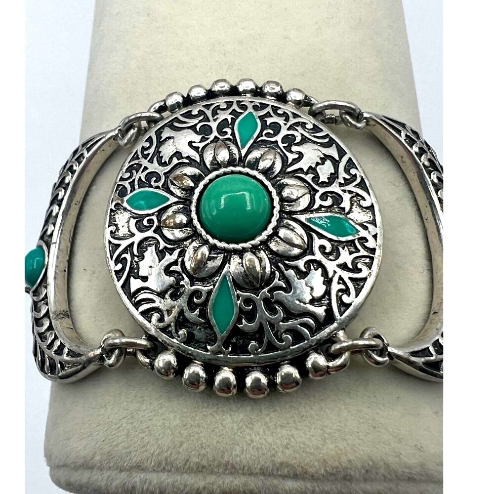 Silver Tone & Faux Turquoise Floral Filigree Bracelet A21 - Picture 6 of 10